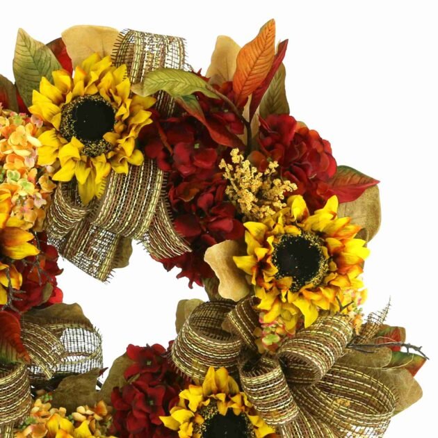 25" Sunflower and Hydrangea Fall Wreath with Bows - Image 3